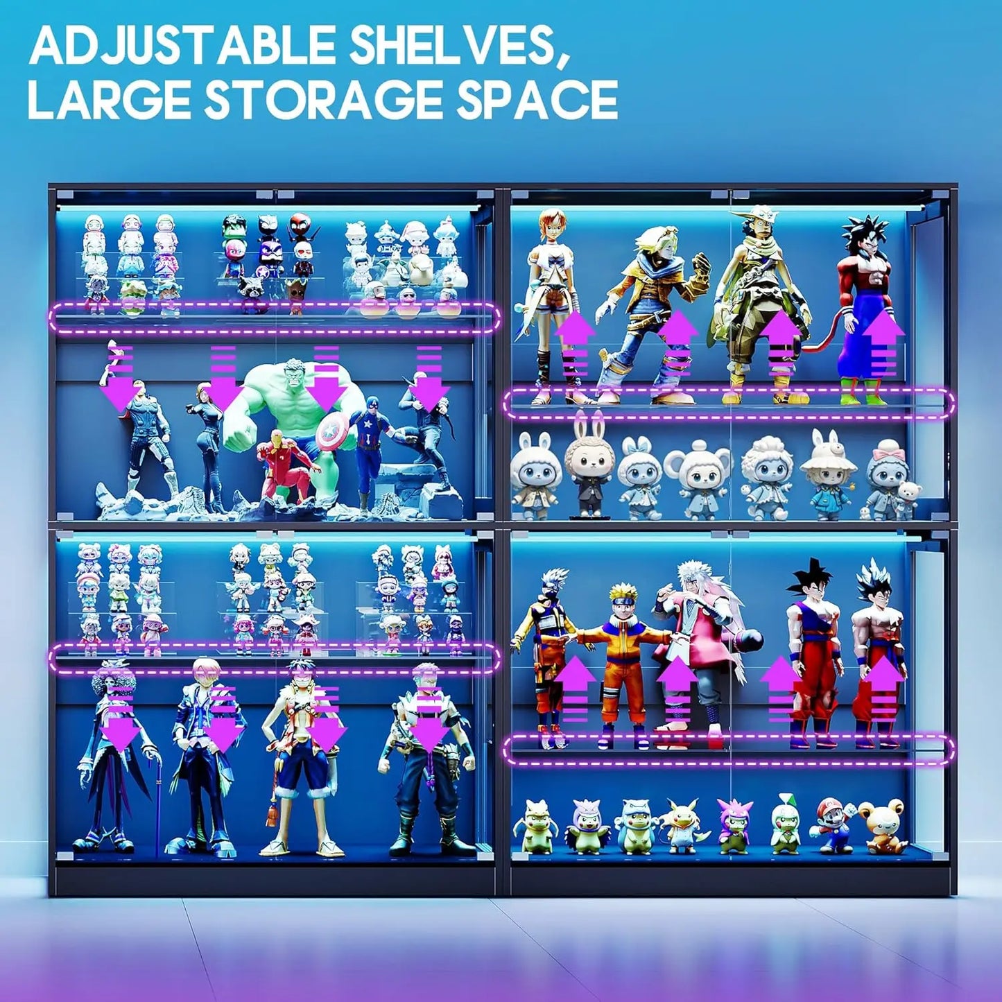 70 Inch High 45 Inch Wide 16 Inch Deep Black 4 Tier RGB LED Lighted Glass Door Display Cabinet With Adjustable Shelves
