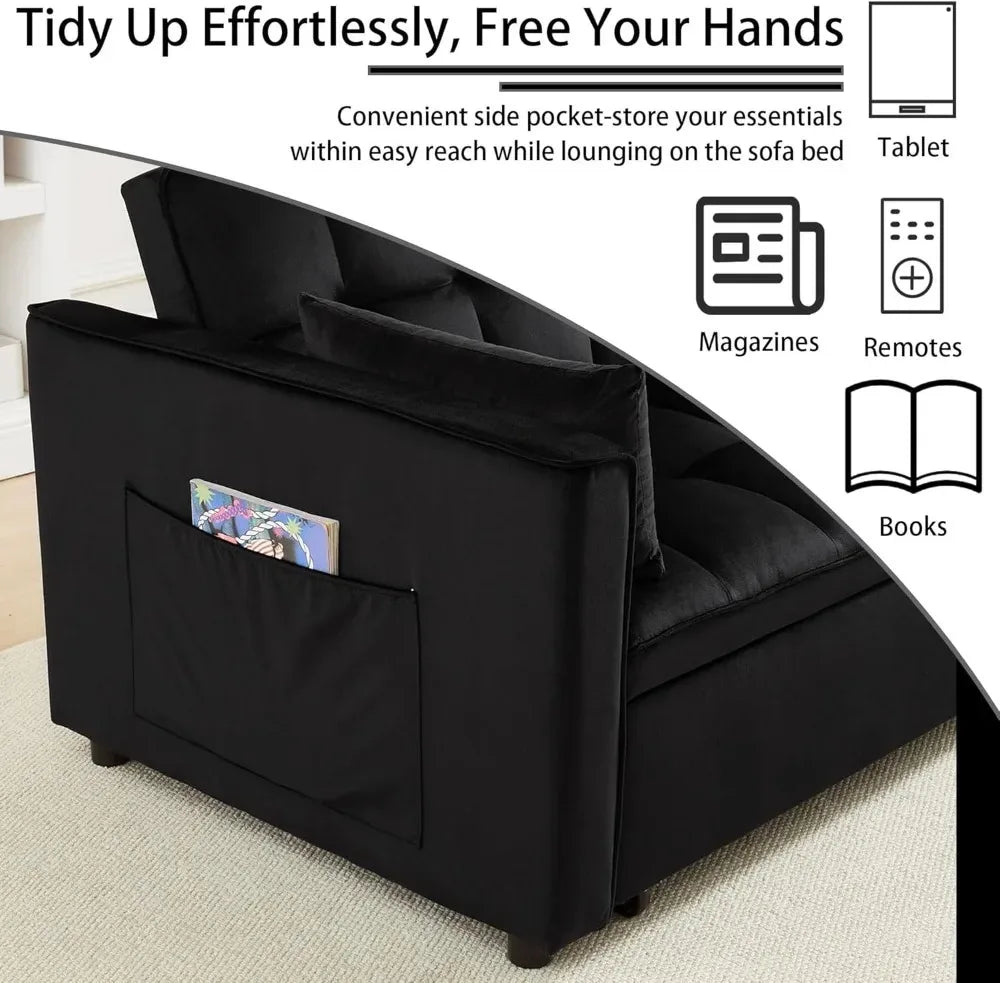 70" 3-in-1 Velvet Sleeper Sofa Bed, Convertible Pull Out Couch w/Adjustable Back & Storage, Black Futon for Small Space
