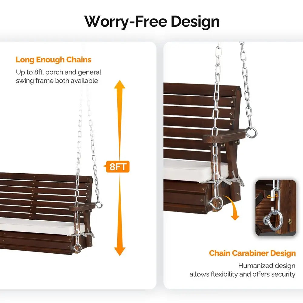 Wooden Porch Swing, Heavy Duty 880 LBS Hanging Patio Bench with Extra Cushion for Lawn Garden Courtyard Rustic, 5 feet