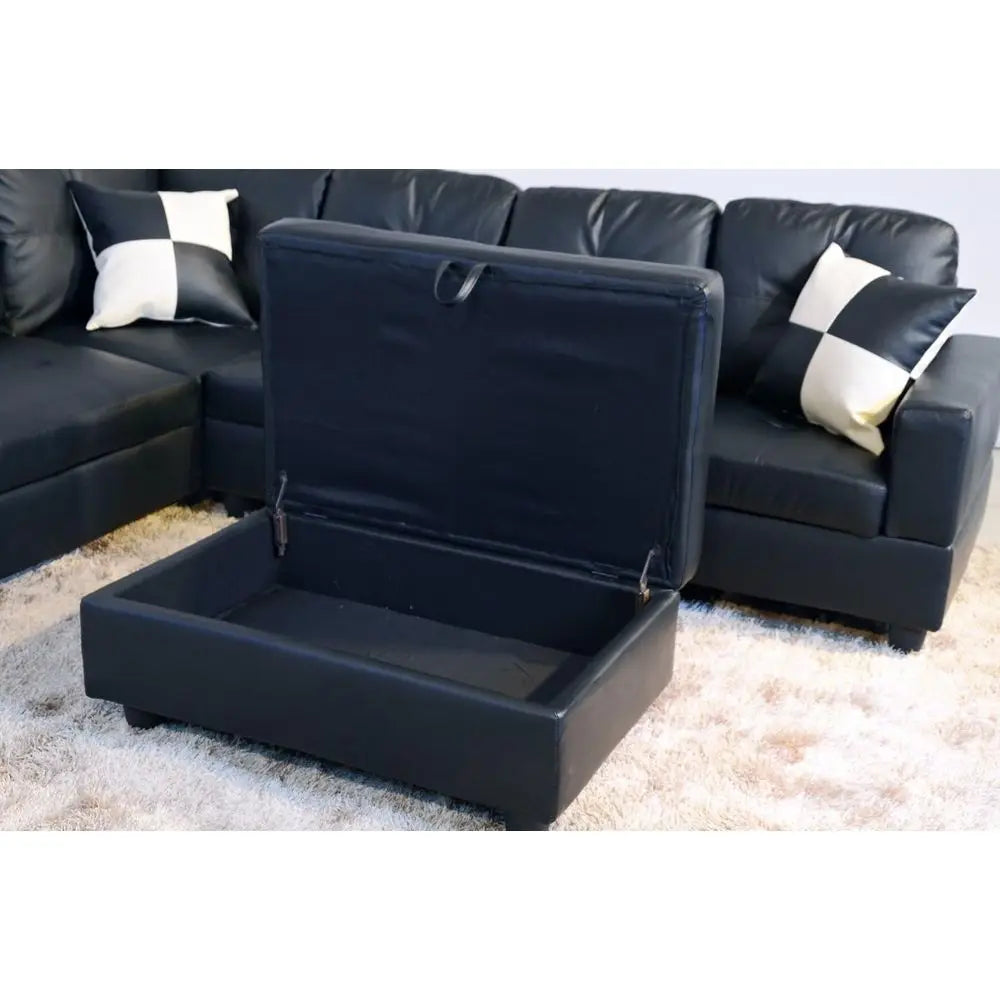 Sectional Sofa Set with Ottoman in Black Leather Style