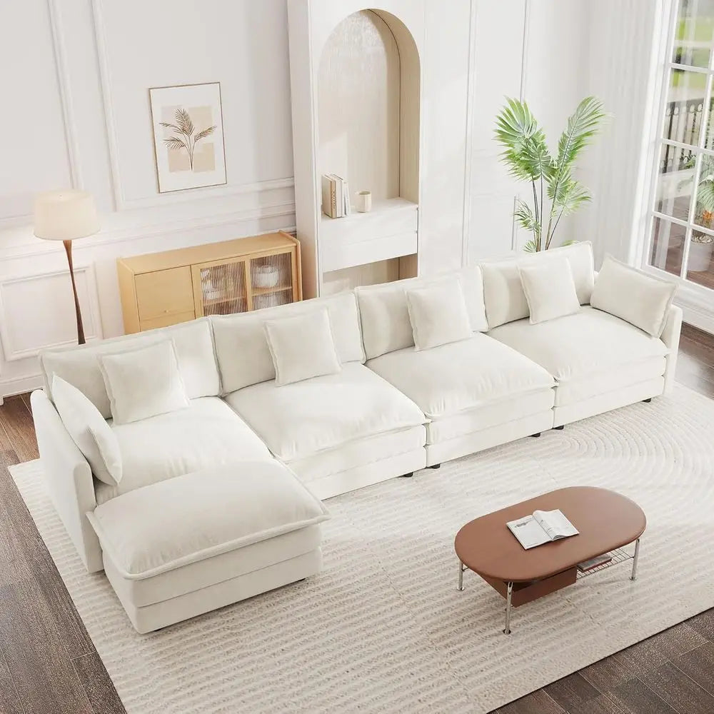 146.5 L-Shaped 4-Seat Chenille Couch Set with Ottoman, Beige, Comfortable Living Room Furniture
