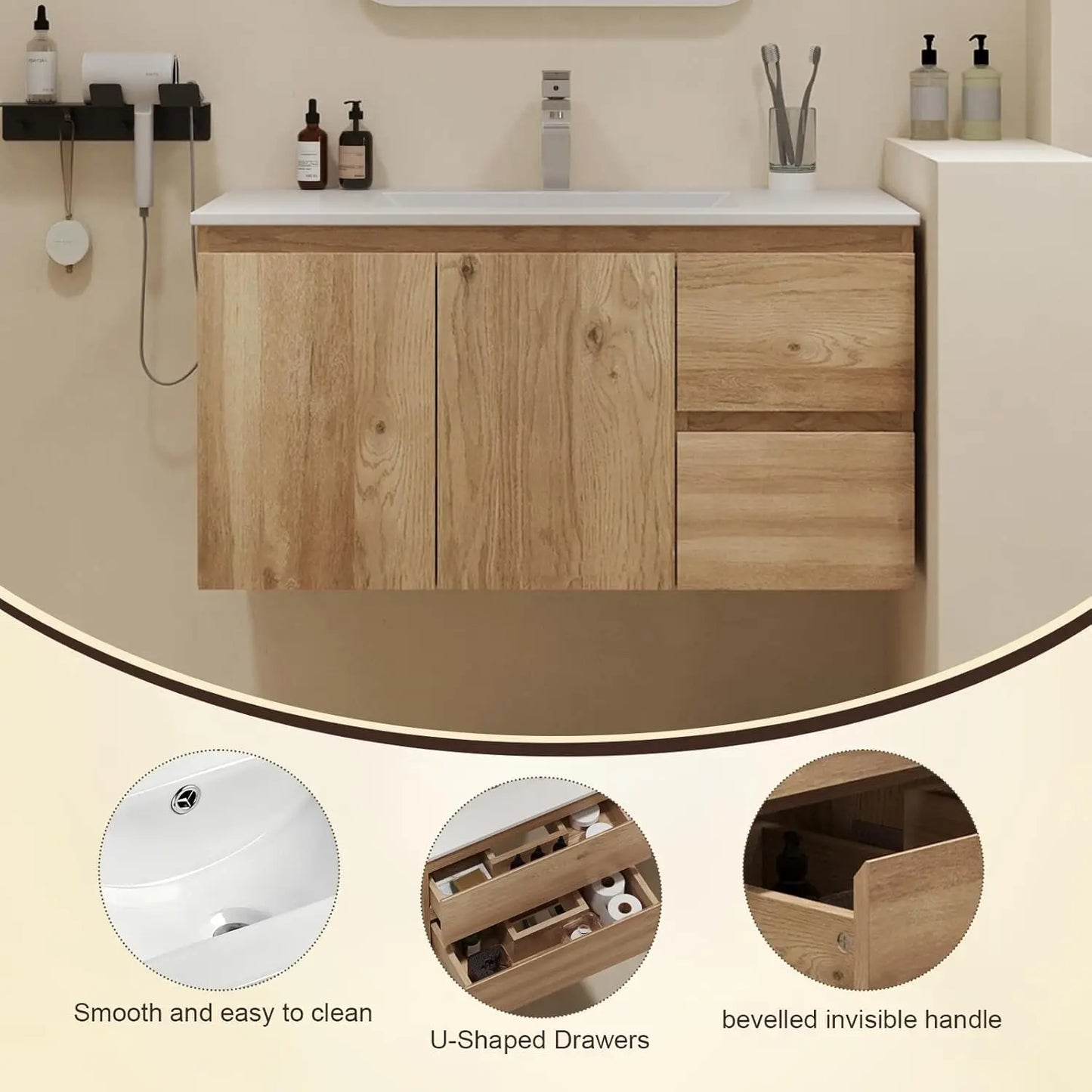 Floating Bathroom Vanity with Sink Wall Mounted Cabinet with 2 Soft-Close Drawers and Doors, Moisture-Resistant, Customized