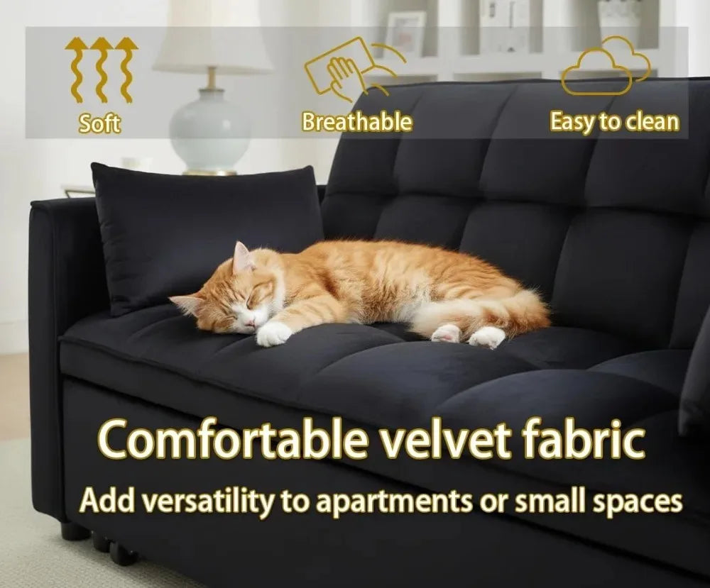 70" 3-in-1 Velvet Sleeper Sofa Bed, Convertible Pull Out Couch w/Adjustable Back & Storage, Black Futon for Small Space
