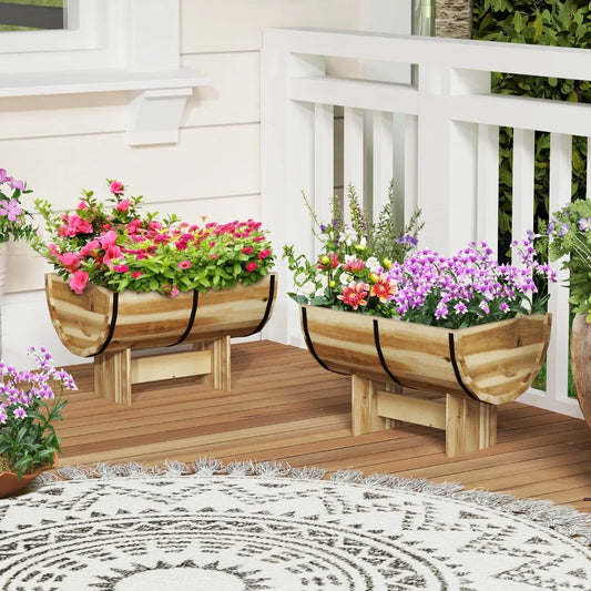 Outdoor Wooden Planter Solid Acacia Wood Half-Barrel Planter Box w/ Legs