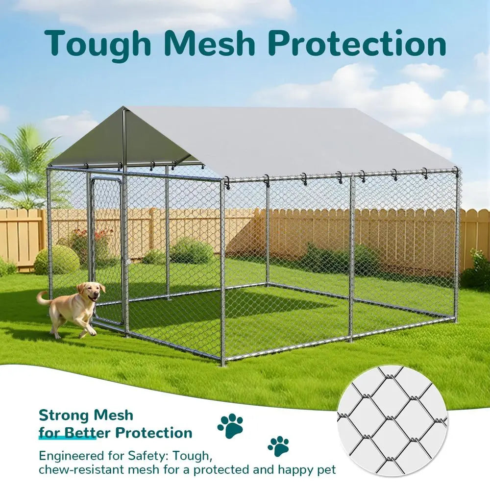 Large Outdoor Dog Kennel Outside for Large Dogs, Heavy Duty Dog Enclosure with Wire Mesh Fence, Lock amp Waterproof Cover