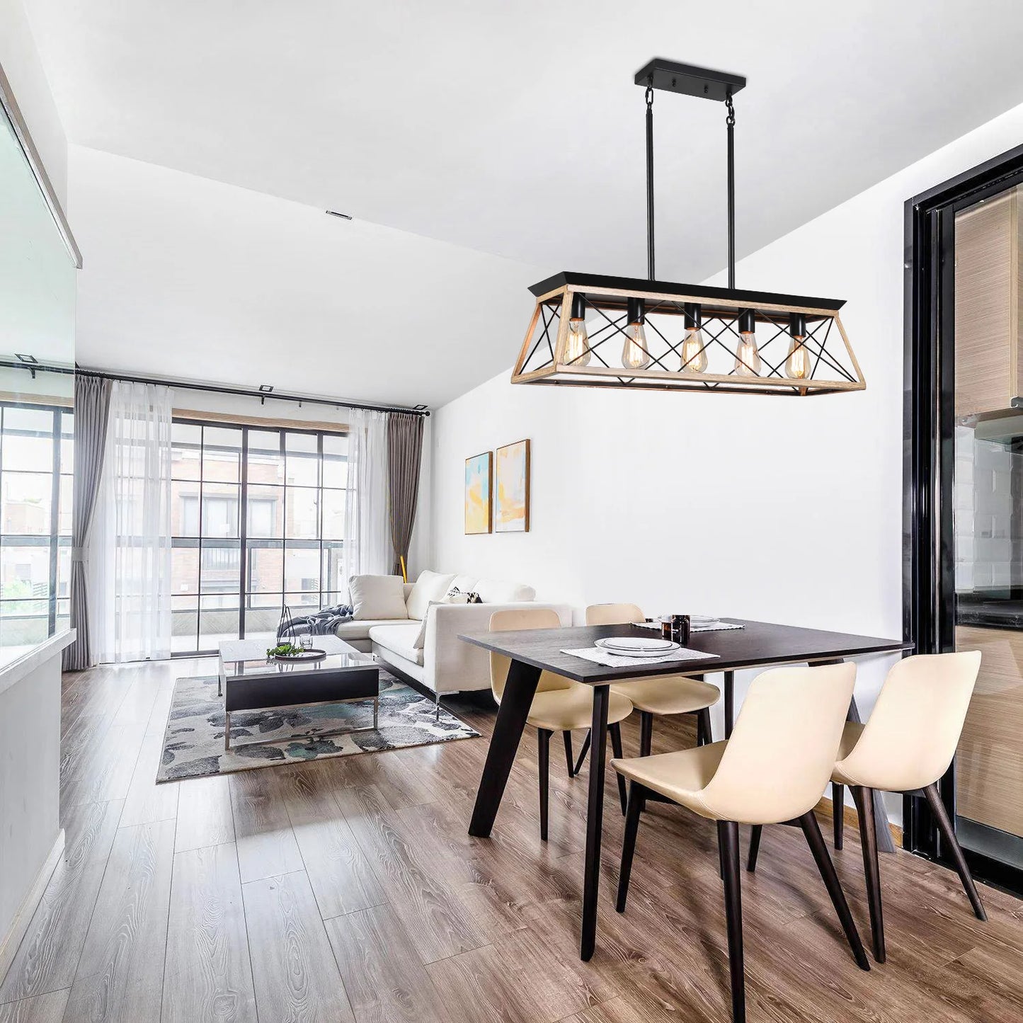 Farmhouse Chandeliers for Dining Room, 5-Light Rustic Kitchen Island Lighting, Adjustable Height Pendant Light Oak (No Bulbs)