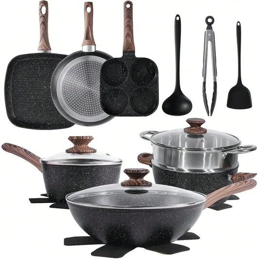 17 Pcs Pots And Pans, Kitchen Cooking Set With StayCool Handles,Kitchen Induction Cookware Suit With Detachable Handle, Black