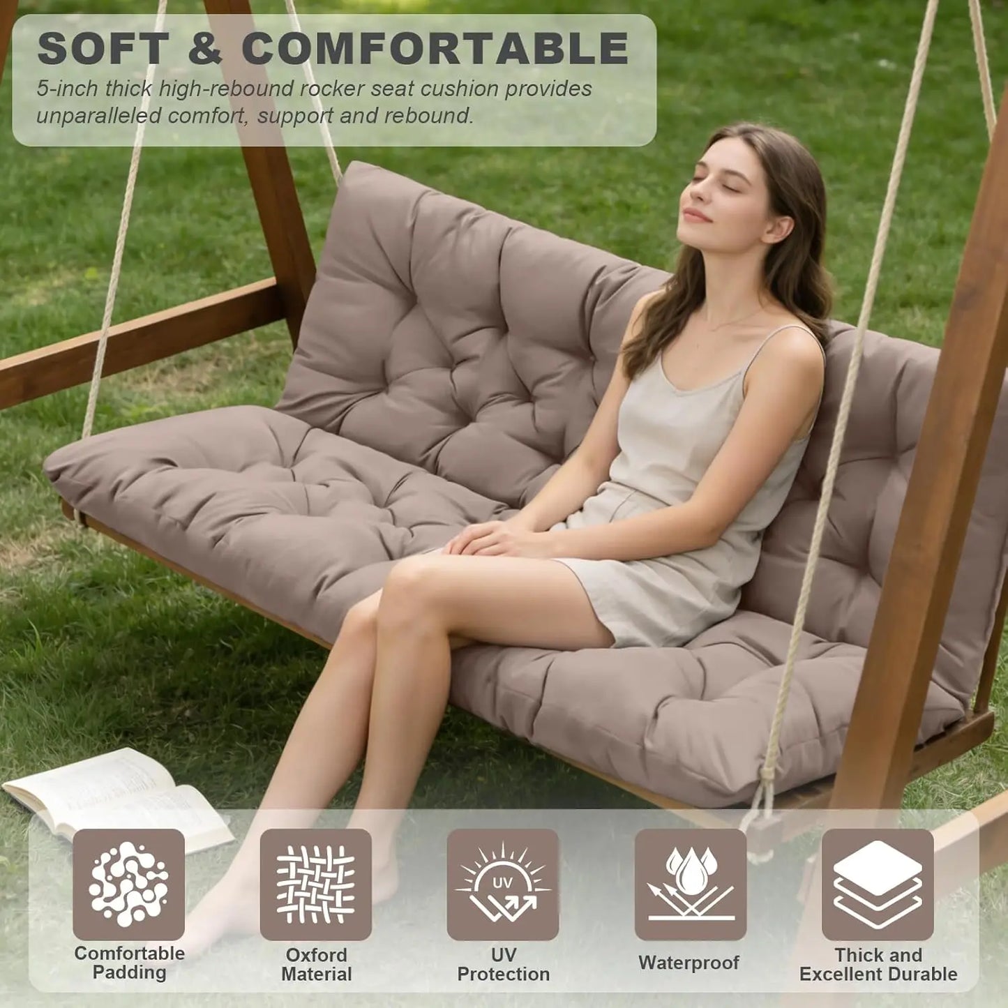 Waterproof Outdoor Swing Cushions with Backrest and Ties, 3-Seater Thickened Bench Cushion for Patio, Garden (Khaki 60x40 in)