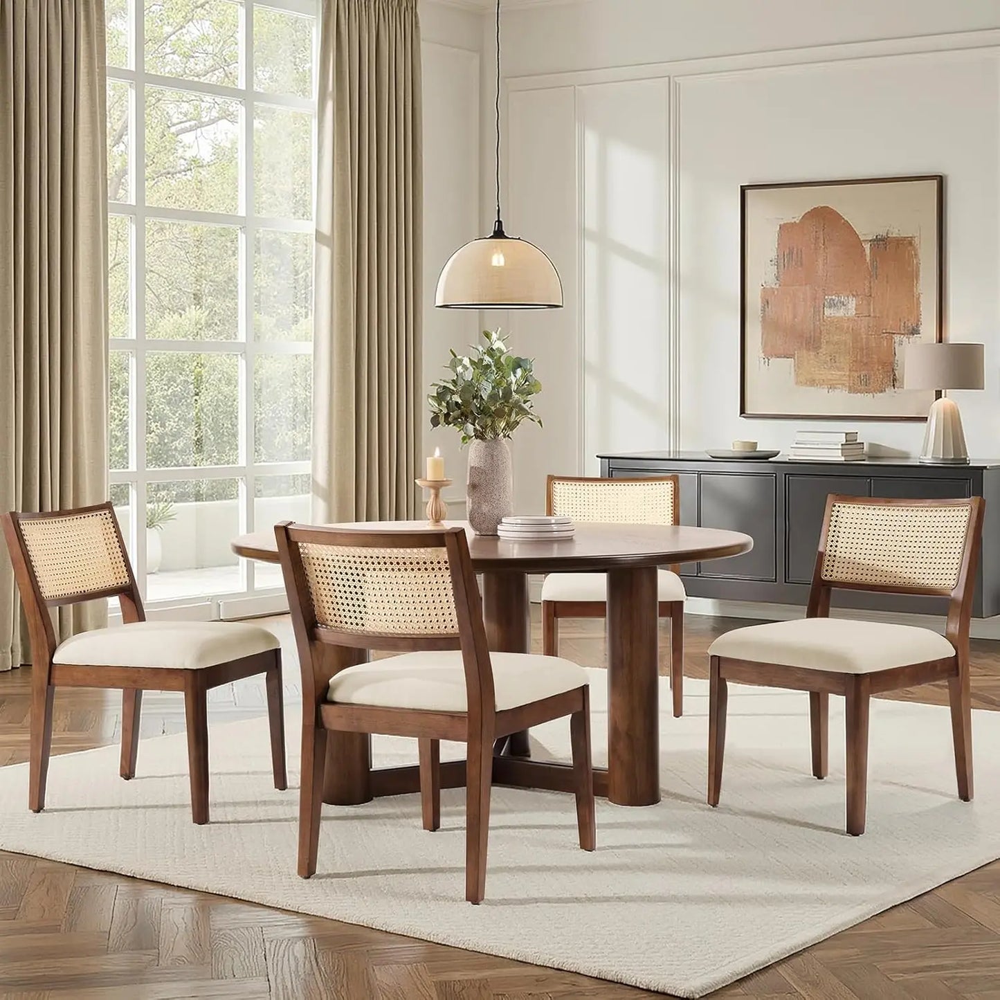 Rattan Dining Chairs Set of 4, French Solid Wood Kitchen Dining Room Chairs with Curved Back, Upholstered Accent, Customized