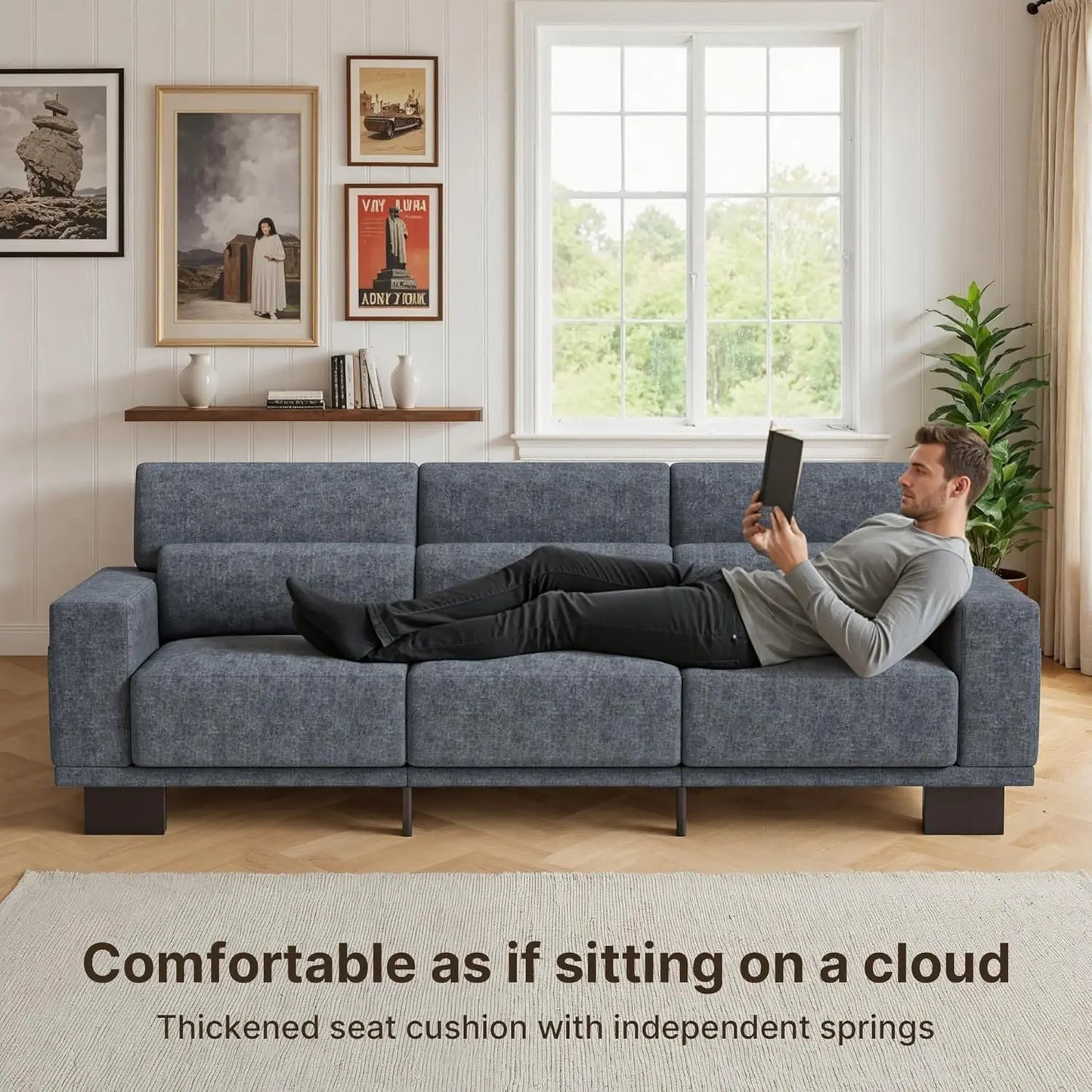 89" Modern 3-Seater Chenille Sofa Wide Armrest Deep Cushion Living Room Bedroom Apartment Dark Grey, Customized