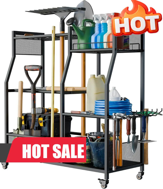 HOTEAGLE Garden Tool Organizer for Garage with 35.4” Width(High Stability), Outdoor Metal Utility Rolling Carts with Mute Wheels