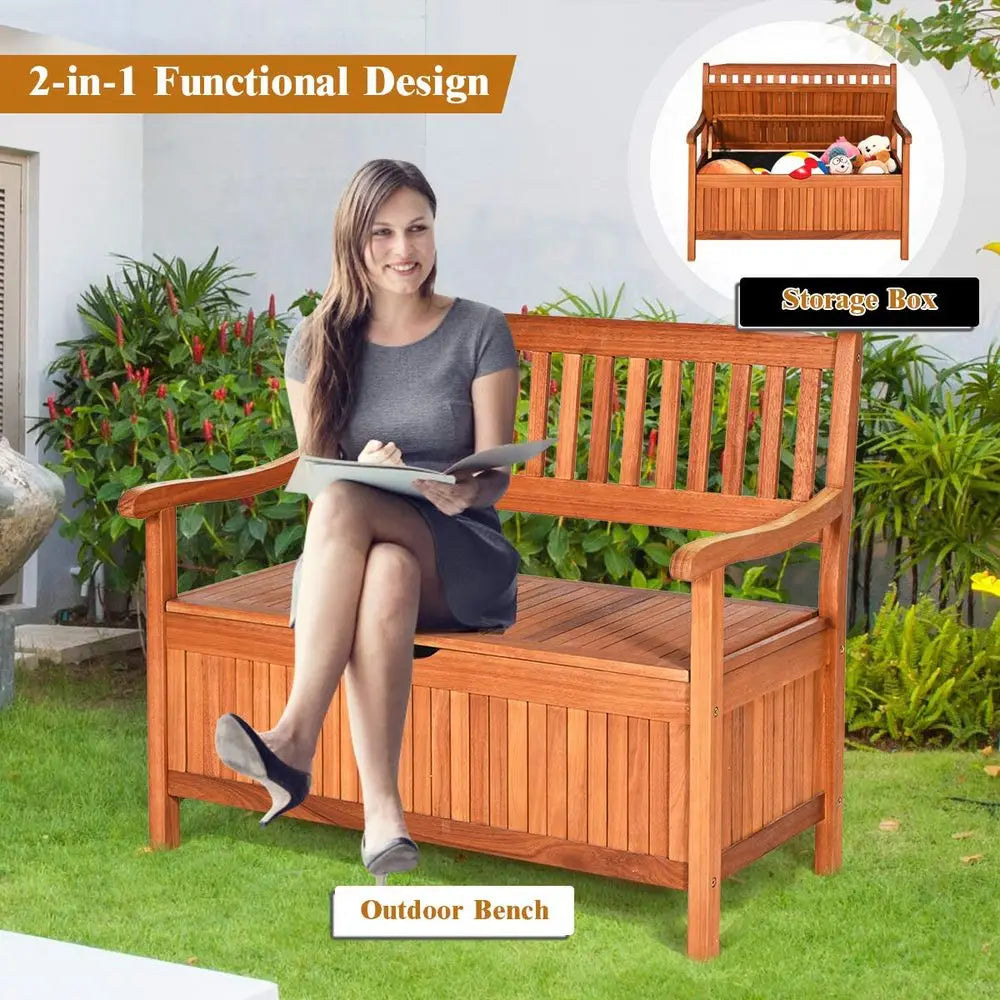 Outdoor Wood Storage Bench Deck Box, Entryway Porch Storage Bench with Inner Removable DustProof Lining amp Portable Handles, E