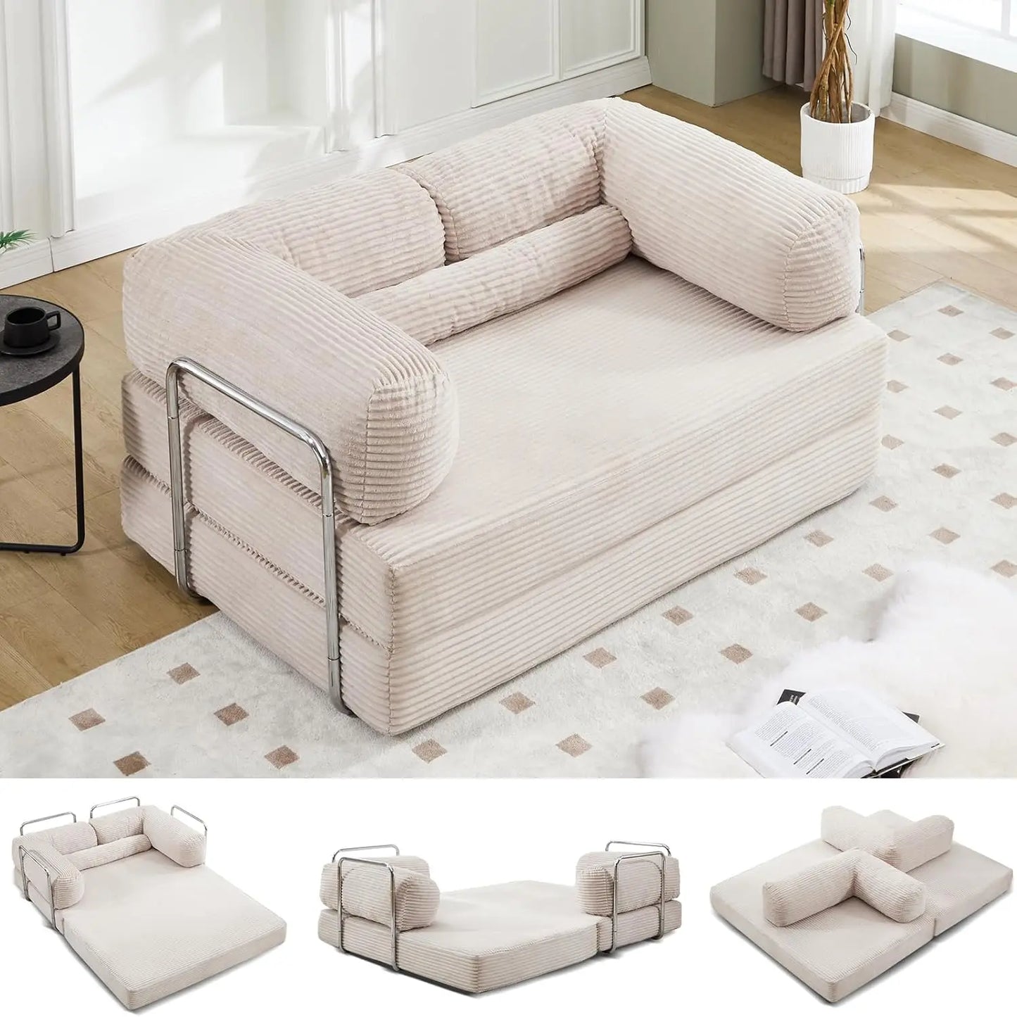 5-in-1 Convertible Sofa Bed, 79" Corduroy Folding Sleeper Couch Bed with Steel Frames, Boneless Foldable Floor Sofa, Customized
