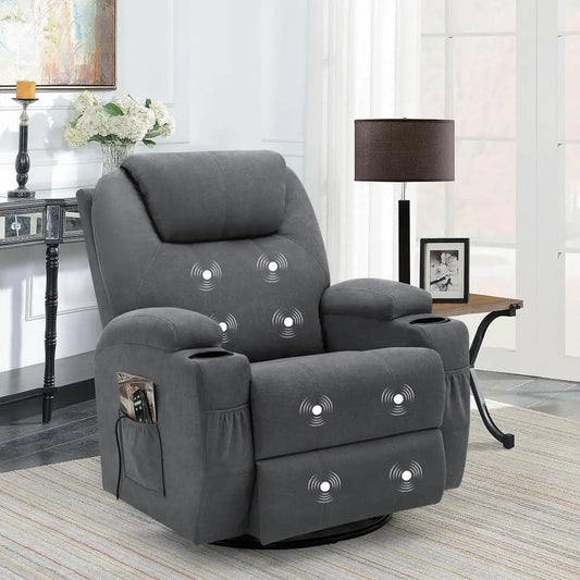 Gray Ergonomic Swivel Recliner Chair with Massage, Cup Holders, and Side Pockets for Living Room & Home Theater
