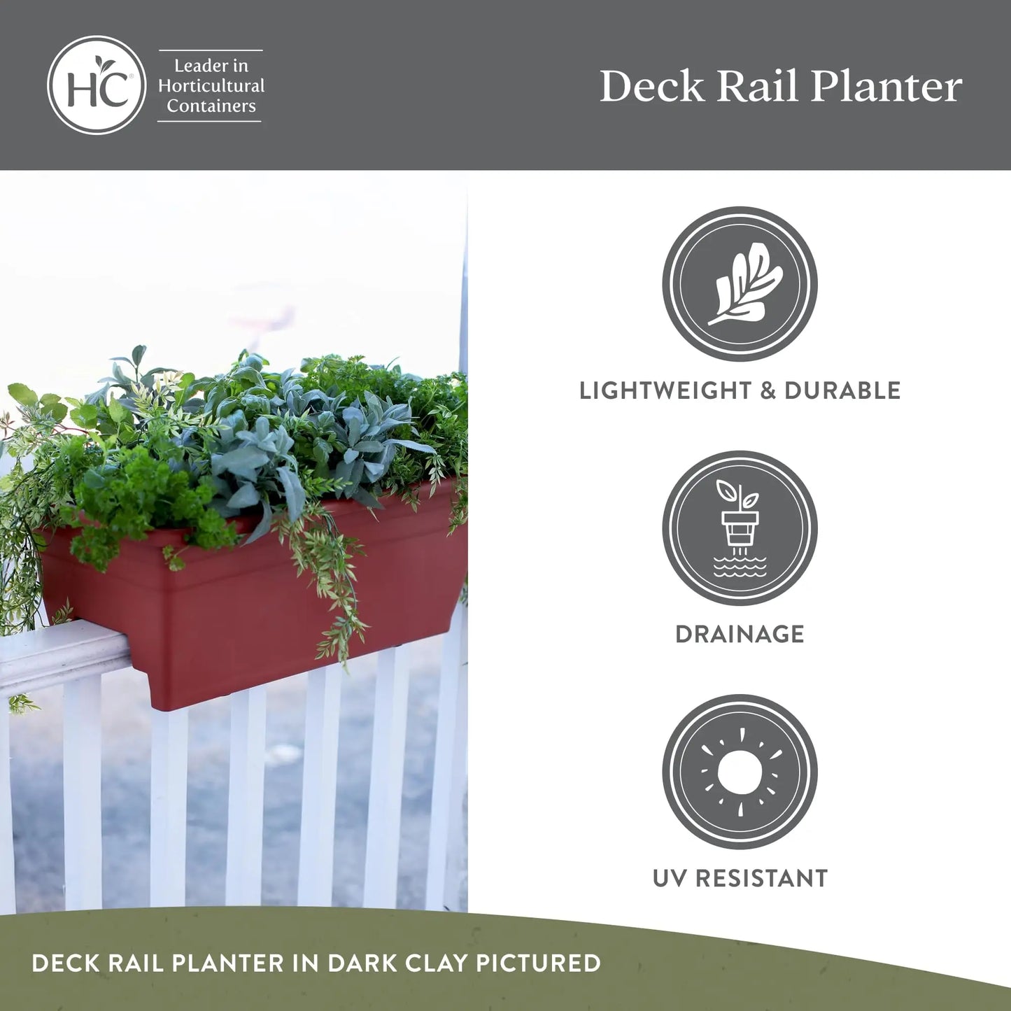 24 Inch Deck Rail Planter Box with Drainage Plug Lightweight UV Resistant for Garden Patio Balcony Fence Black