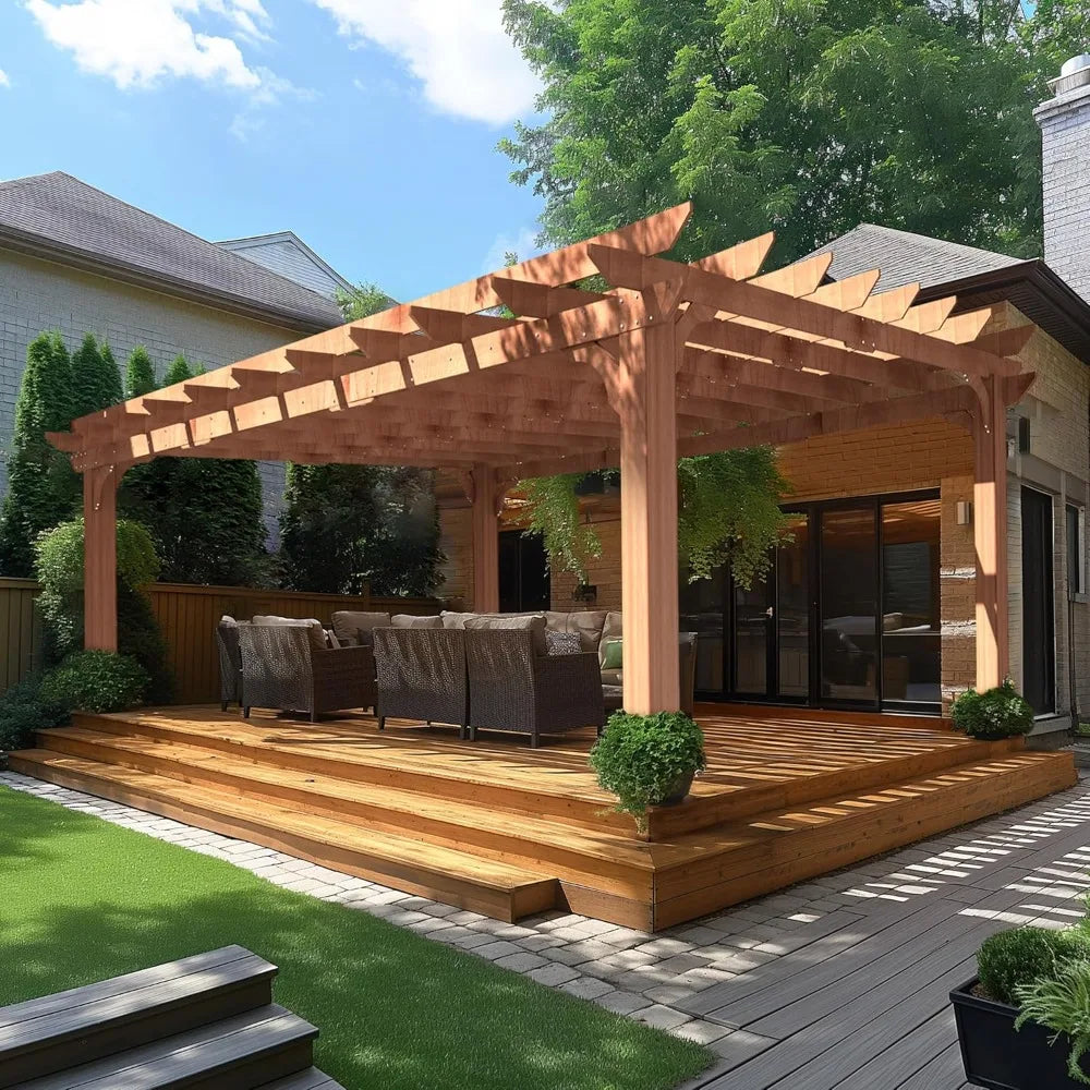 12 x16 FT Wooden Pergola, Cedar Wood Gazebo with Flat Roof, Outdoor Garden Shelter with Stakes Included, Patio,, Customized