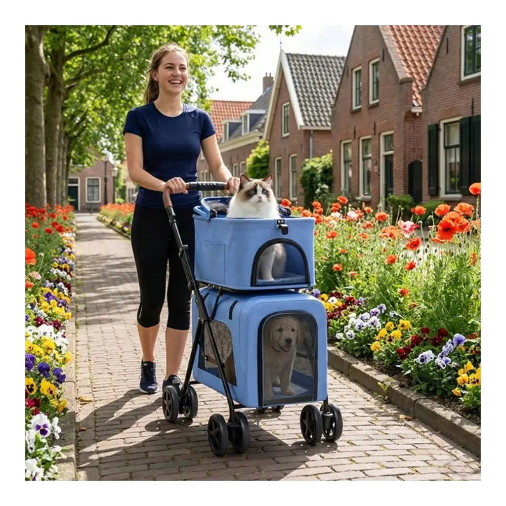 In 1 Foldable Double Pet Stroller For 2 Small Medium Dogs And Cats, Detachable Top Bottom Carriers, Breathable Mesh, OneClick F