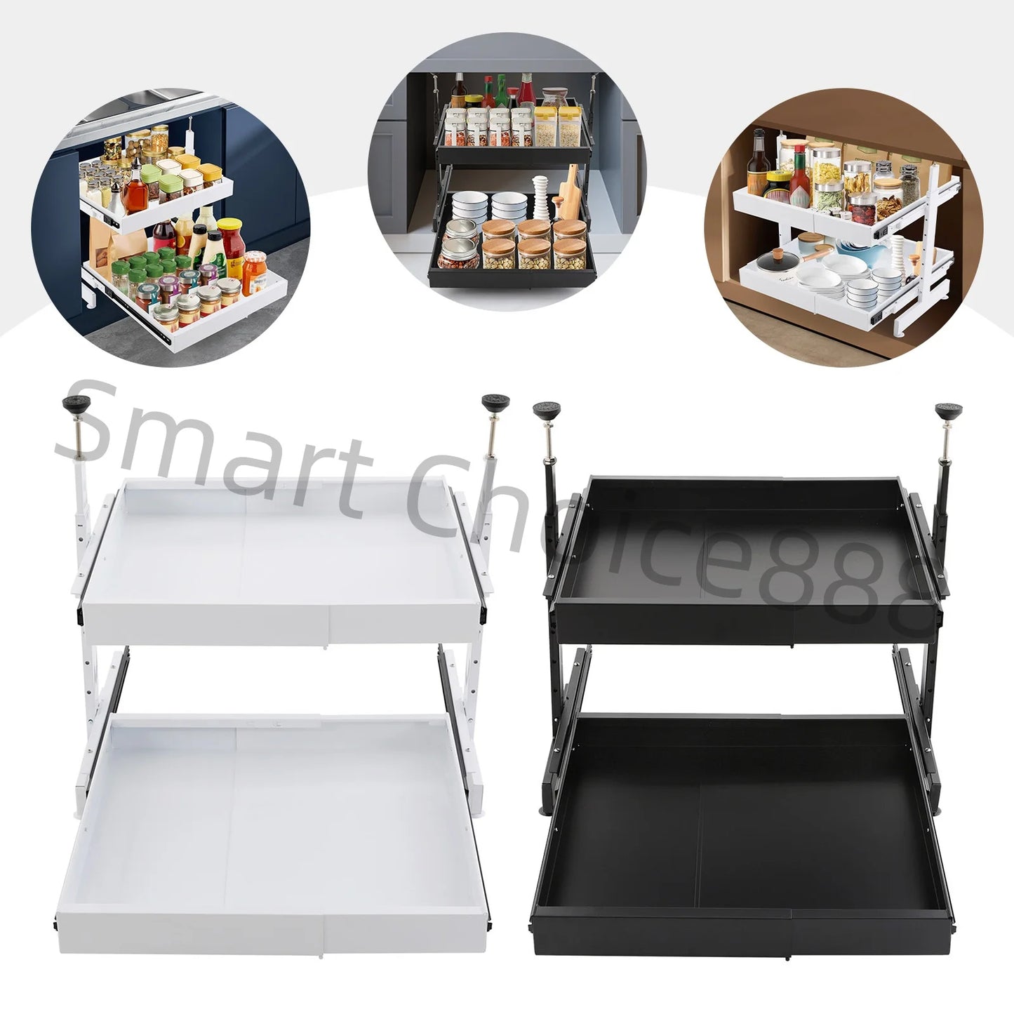 Pull-Out Pantry Organizer Multi-Tier Under Sink Sliding Cabinet Basket for Spices Utensil Organizer Blank/White
