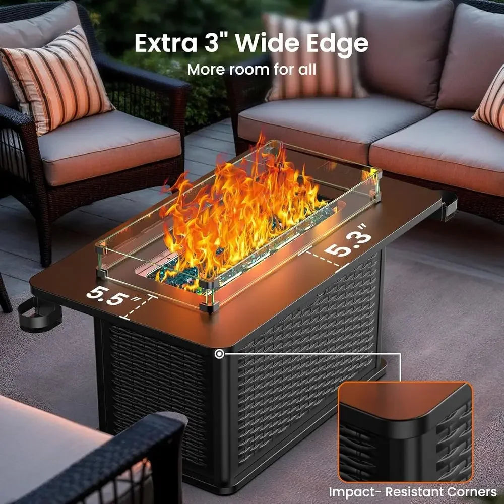 43 Outdoor Propane Fire Pit Table with 60k BTU Burner, Premium Glass Rocks, Wind Guard, Waterproof Cover, and Cup Holders for Pa