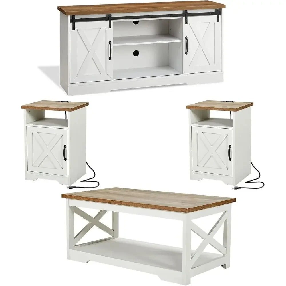 White 4-Piece Living Room Set: Sliding Door TV Stand, Coffee Table, 2 End Tables, Side Table with Charging Ports, 66