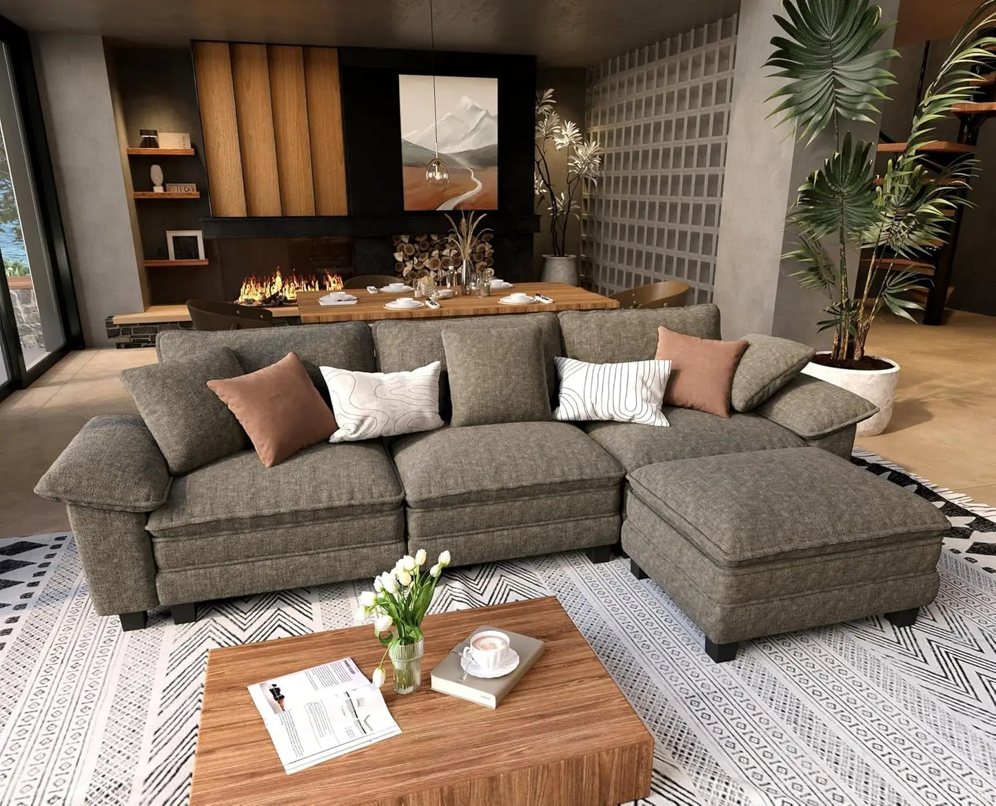L Shaped Modular Cloud Couch, 123.6'' Comfy Chenille Sectional Sofa with Wider Armrest and Ottoman, Upholstered, Customized
