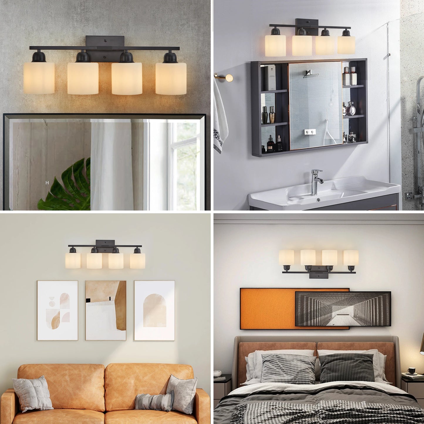 4-Light Bathroom Light Fixtures Over Mirror, Modern Matte Black Vanity Lights with White Frosted Glass Shade for Mirror Bedroom