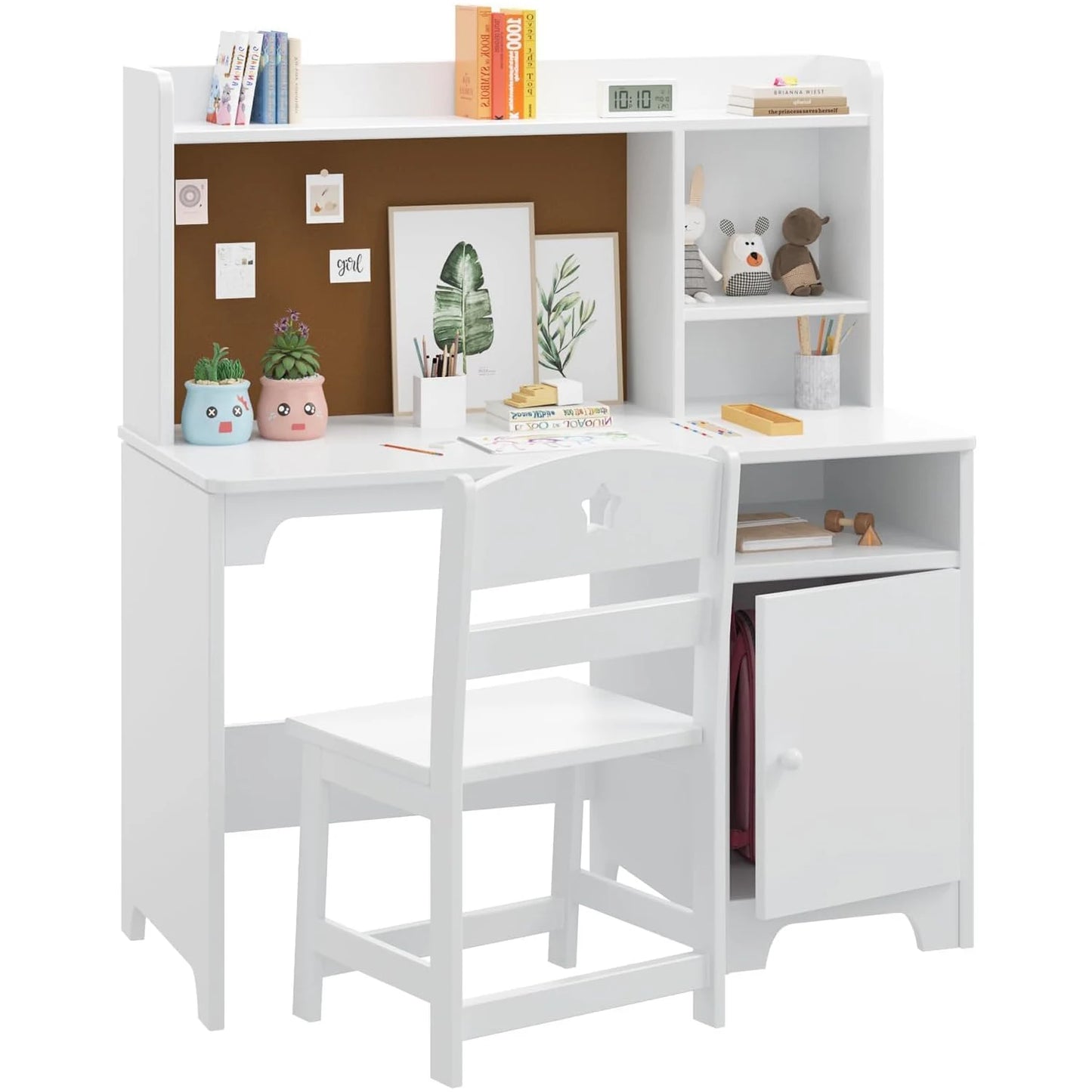Kids Study Desk and Chair Set Wooden Student Writing Desk with Hutch & Storage Cabinet,Computer Workstation for Bedroom