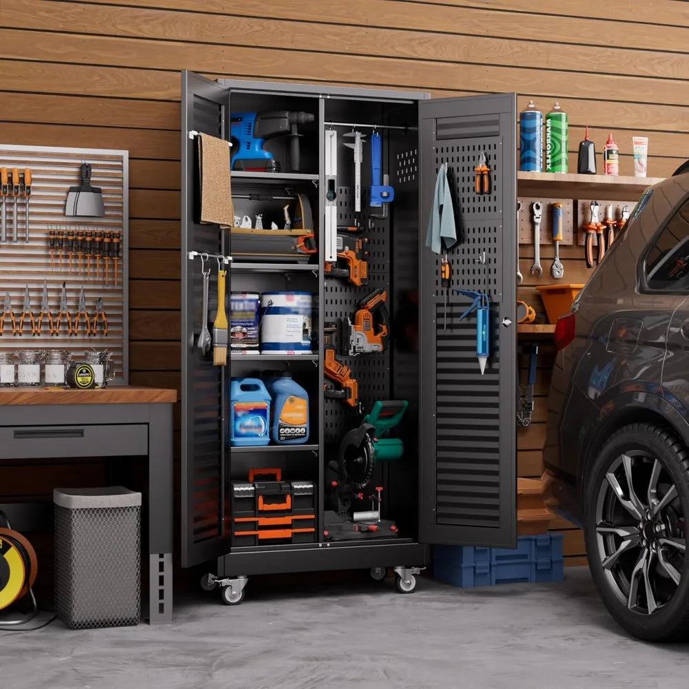 Lockable Metal Storage Cabinet with 4 Adjuatable Shelves,Garage Storage Cabinet with Wheels and 5 Remove, Customized