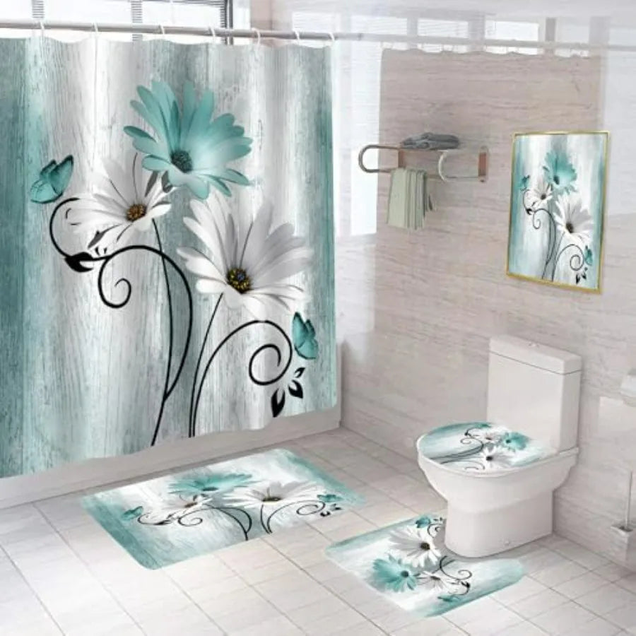 5Pcs Teal Daisy Shower Curtain Set with Bathroom Wall Art Decor Painting Shower Curtain and Rugs Ideal for Bathroom Decoration