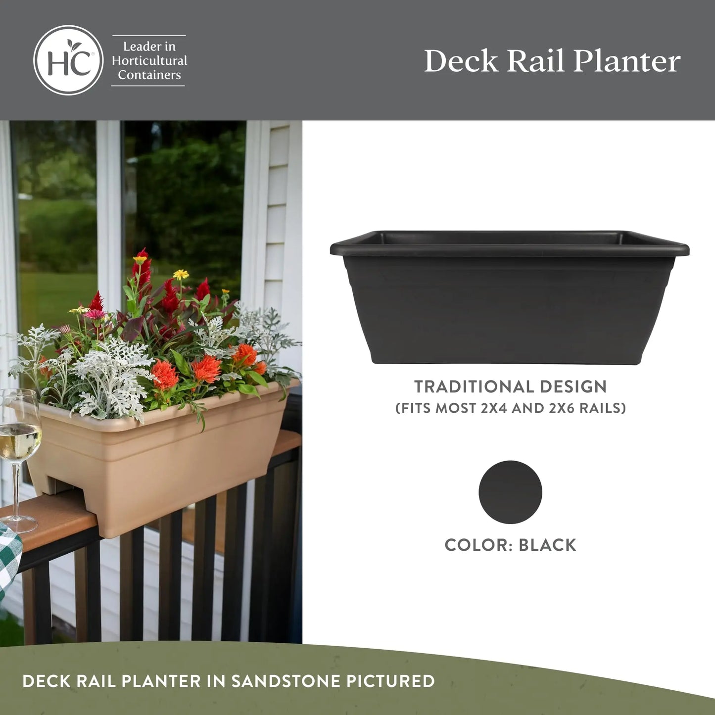 24 Inch Deck Rail Planter Box with Drainage Plug Lightweight UV Resistant for Garden Patio Balcony Fence Black