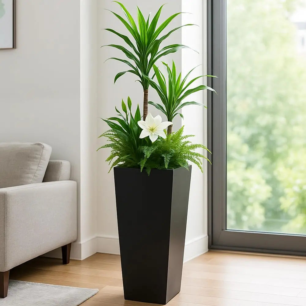 30 Hx15.4 Lx15.4 W Tall Taper Black Metal Planter Flower Plant Pot Indoor Outdoor Planters Steel Flower Pot AllWeather Use  -HOT