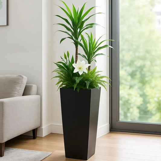 30 Hx15.4 Lx15.4 W Tall Taper Black Metal Planter Flower Plant Pot Indoor Outdoor Planters Steel Flower Pot AllWeather Use  -HOT
