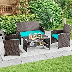 Outdoor Patio Conversation Set 4 Pieces, Wicker Furniture with Soft Cushion & Coffee Table, Rattan Bistro Set Patio Set Chairs