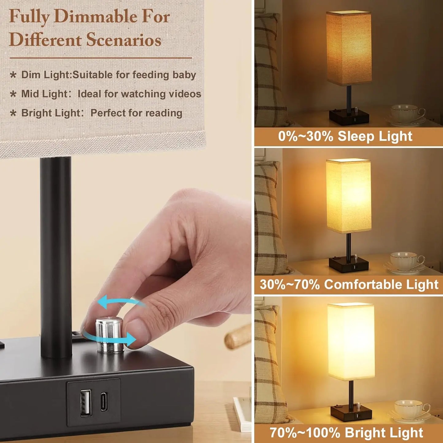 Fully Dimmable Nightstand Lamps Set of 2 with USB C+A Charging Ports & AC Outlets, Linen Shade for Bedroom Living Room