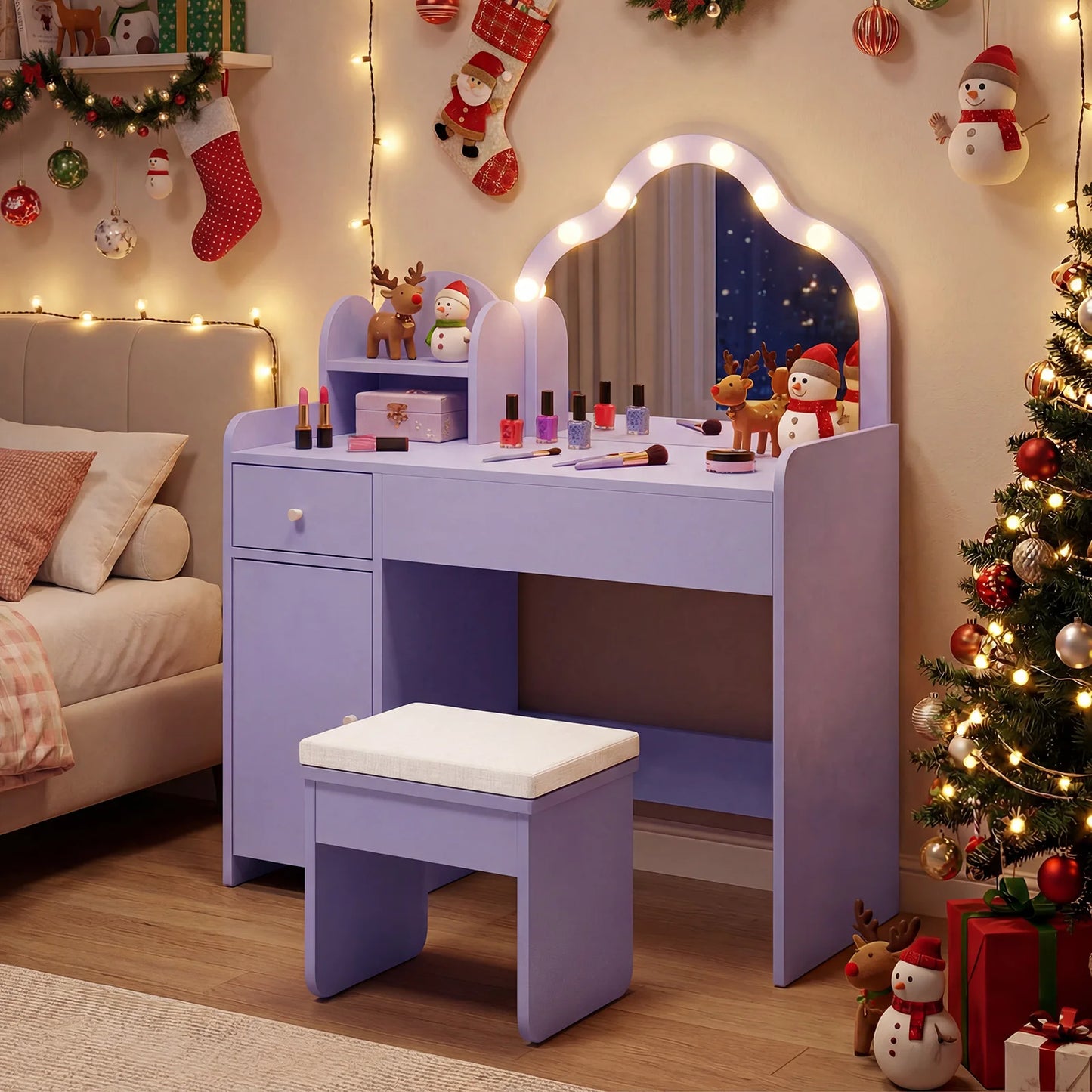 Kids Vanity Set, Princess Pretend Play Makeup Desk with Cute Cloud-Shaped Mirror