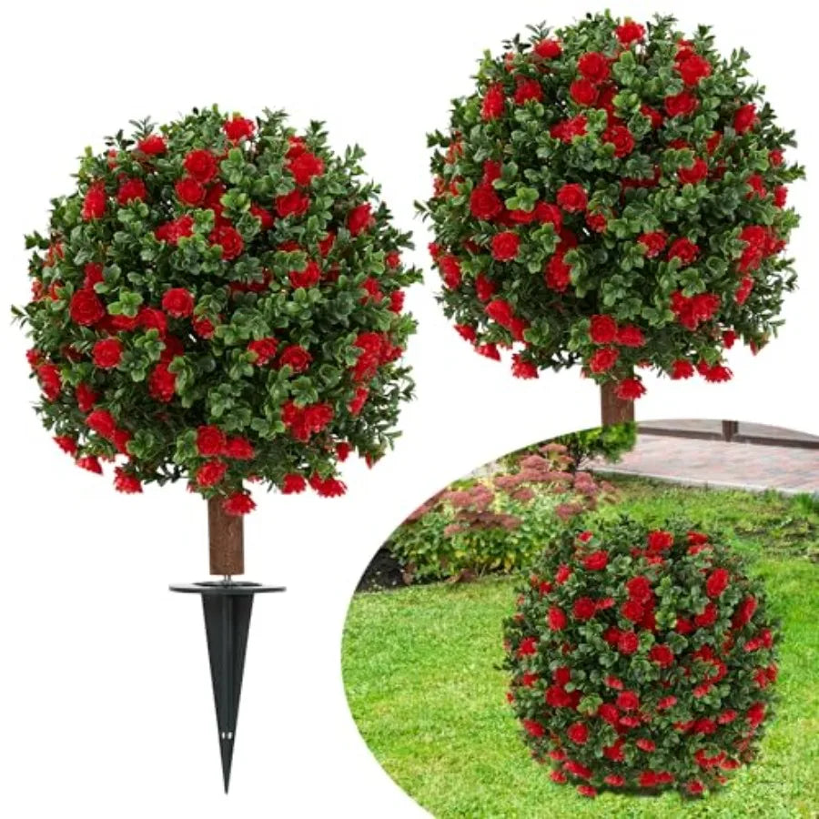 2 Pack 23.6 Artificial Flowering Topiary Tree Realistic Fake Plants with Ground Spike UV Resistant for Outdoor Indoor Porch Gar