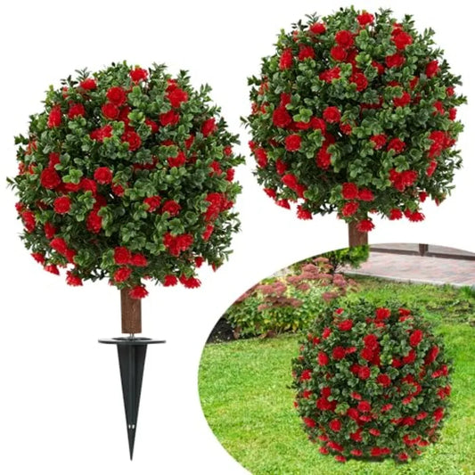 2 Pack 23.6 Artificial Flowering Topiary Tree Realistic Fake Plants with Ground Spike UV Resistant for Outdoor Indoor Porch Gar