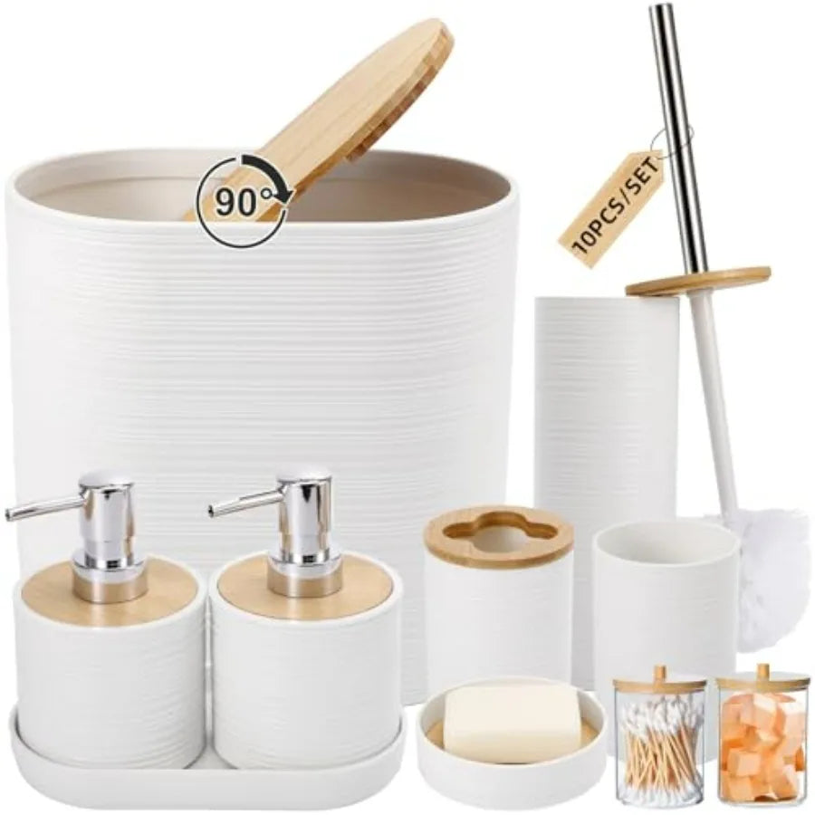 White Bathroom Set with Trash Can 2PCS Soap Dispensers Soap Dish Toothbrush Holder Toothbrush Cup Toilet Brush Tray and Qtip Ho