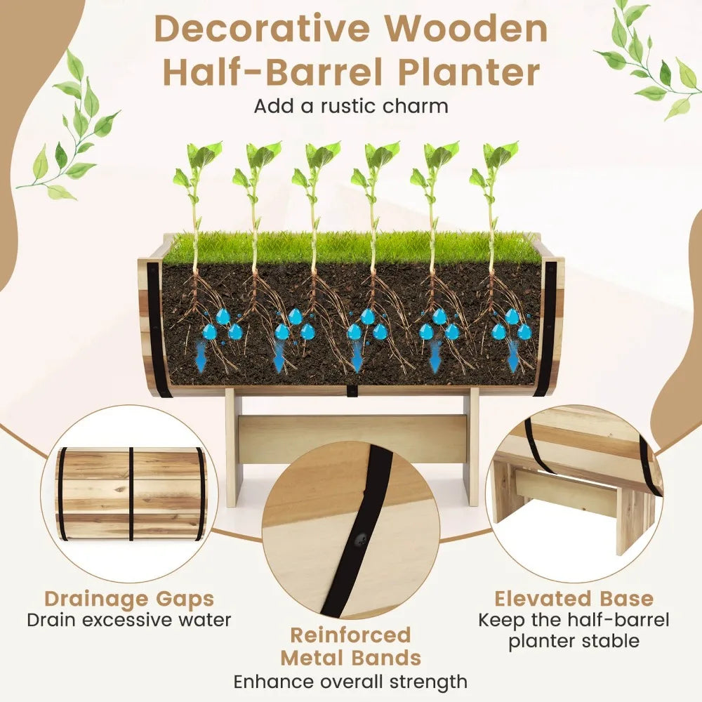 Outdoor Wooden Planter Solid Acacia Wood Half-Barrel Planter Box w/ Legs