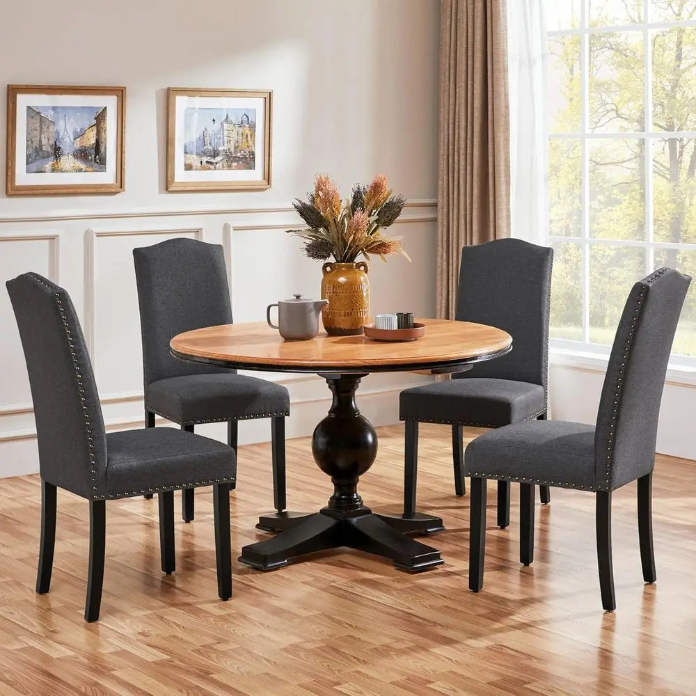 Set of 4 Fabric-Upholstered Dining Chairs with Solid Wood Legs and Nailhead Trim, Gray, Suitable for Kitchen, Living Room, Resta