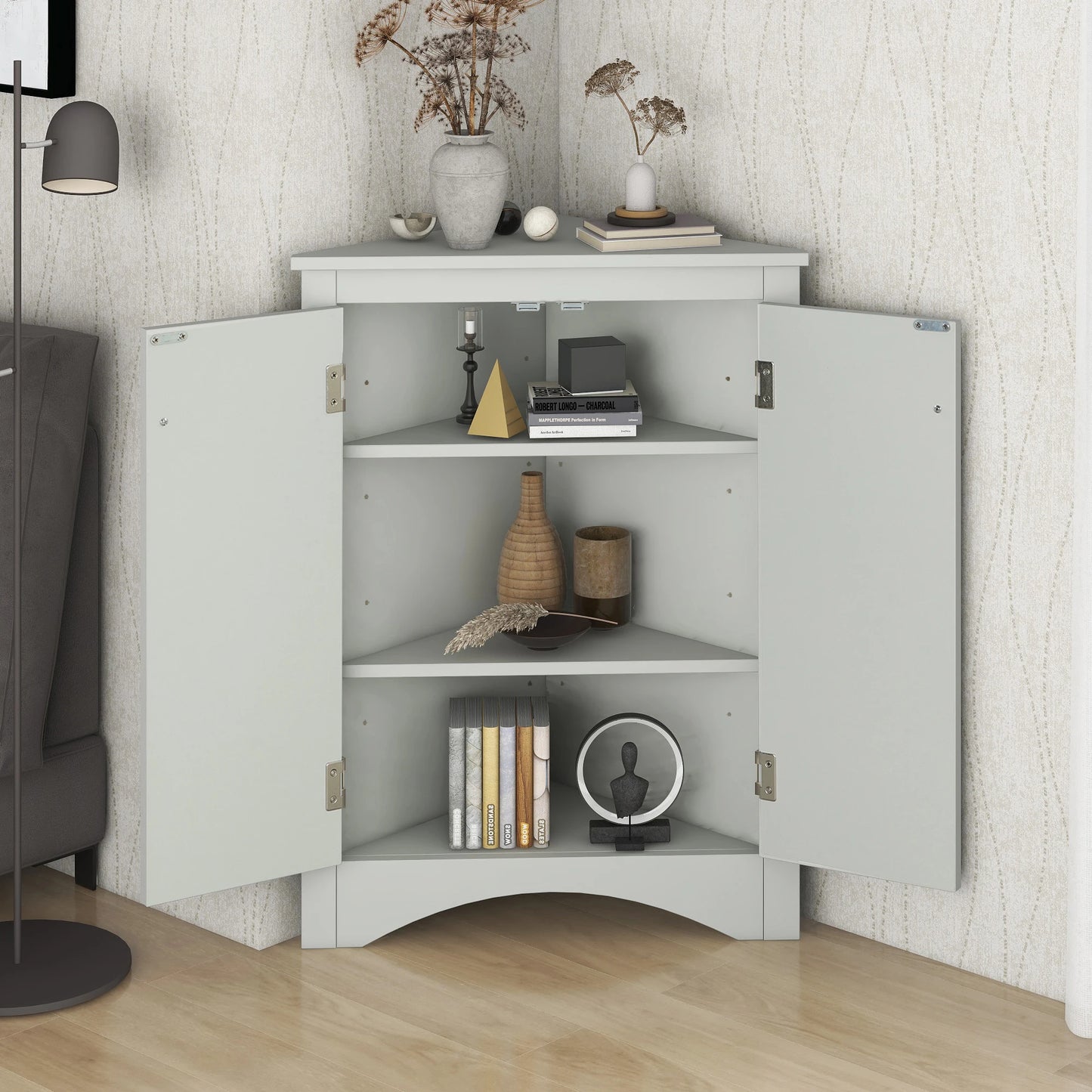 Grey color  Triangle Bathroom Storage Cabinet with Adjustable Shelves, Freestanding Floor Cabinet for Home Kitchen