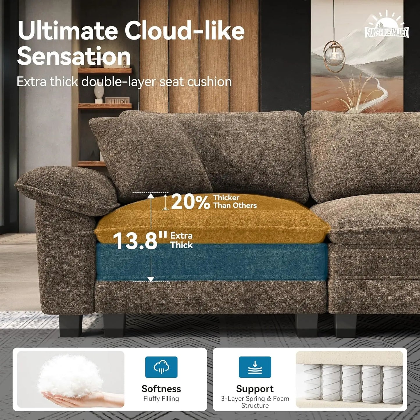 L Shaped Modular Cloud Couch, 123.6'' Comfy Chenille Sectional Sofa with Wider Armrest and Ottoman, Upholstered, Customized