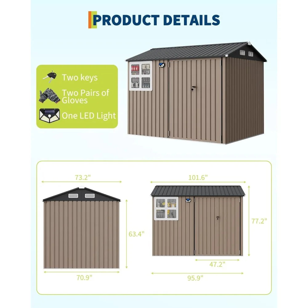 6x8 Ft Metal Outdoor Storage Shed Garden Tool Shelter with Updated Frame Structure Lockable Doors & Windows Ideal Customized Sol