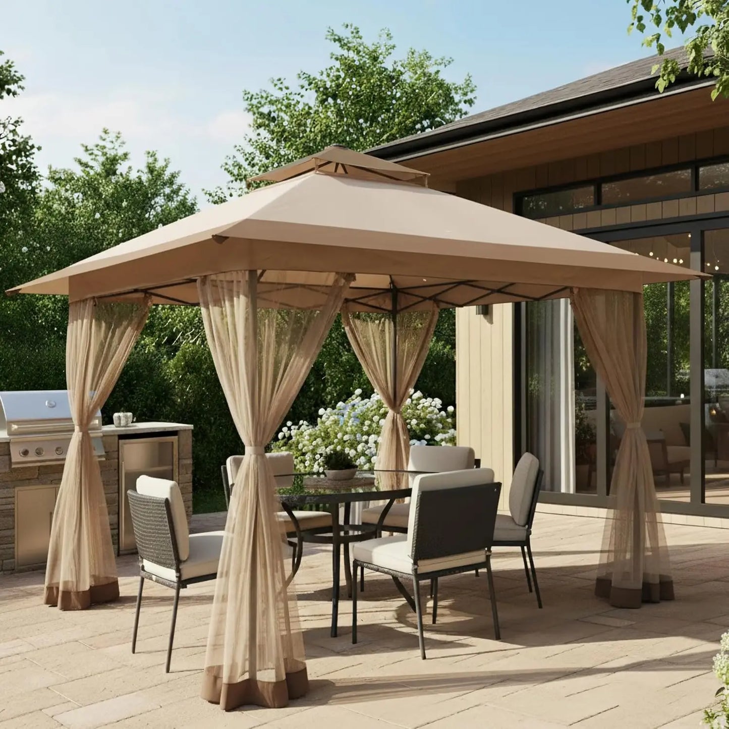 13x13 Pop Up Gazebo with Mosquito Netting – Easy 1-Person Setup, Water-Resistant Backyard Canopy for Family Patio & Garden Use,K