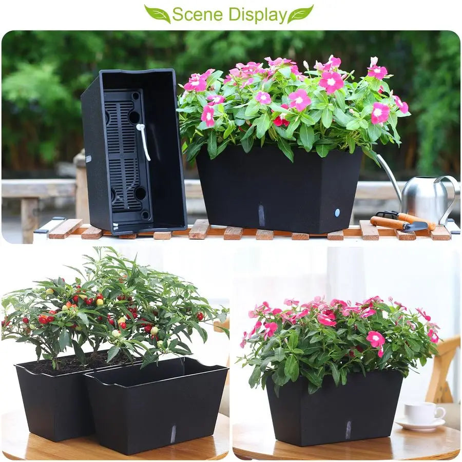 Box Planter 6 Pcs, 12.1 Inches Self Watering Plant Pots Rectangle Flower Pots with Drainage Holes and Breathable Trays, Vegetabl