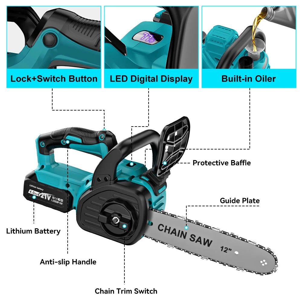YEARTOP 12 Inch Brushless Electric Chainsaw LED Display Cordless Garden Woodworking Chain Saw Power Tool For Makita 18V Battery