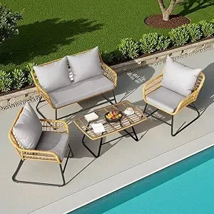Outdoor Patio Conversation Set 4 Pieces, Wicker Furniture with Soft Cushion & Coffee Table, Rattan Bistro Set Patio Set Chairs