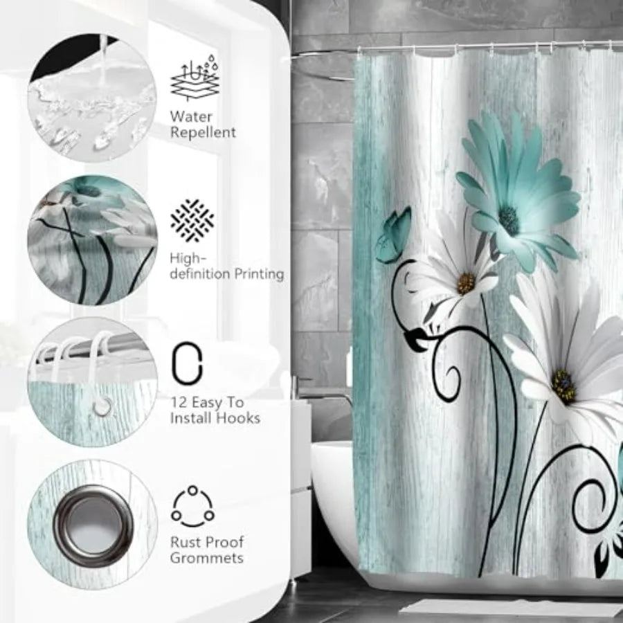 5Pcs Teal Daisy Shower Curtain Set with Bathroom Wall Art Decor Painting Shower Curtain and Rugs Ideal for Bathroom Decoration