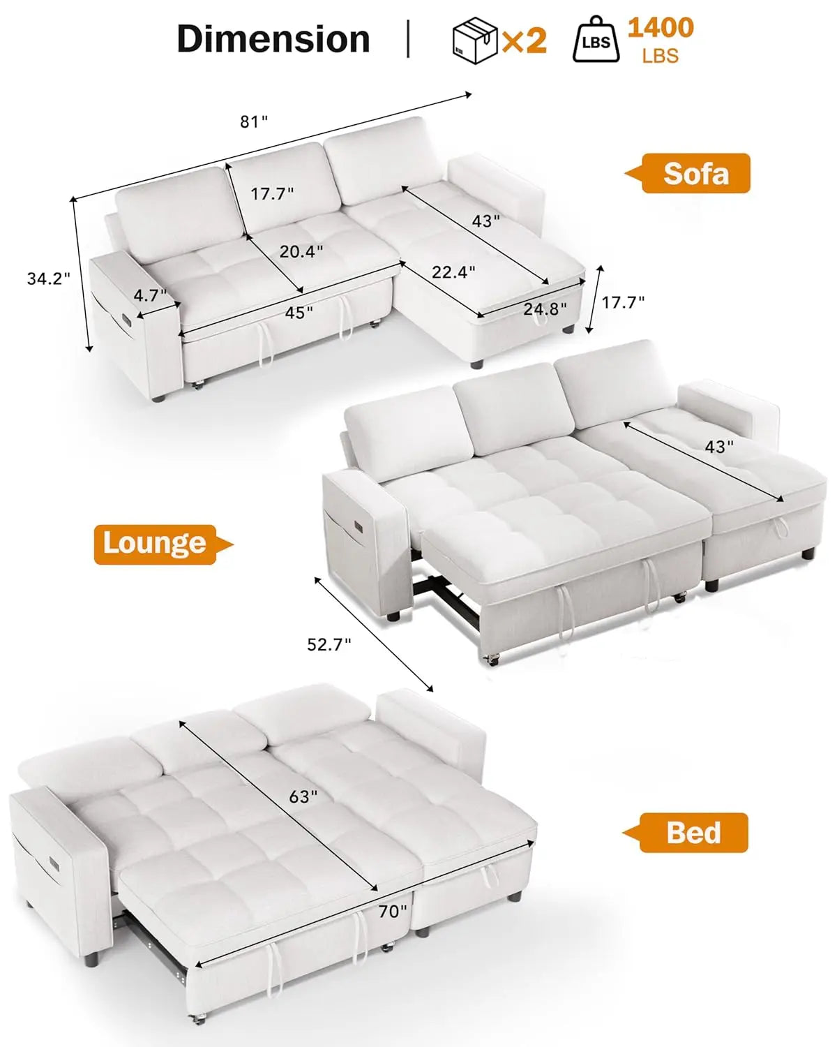 L Shaped Chenille Sleeper Sofa Pull Out Bed Reversible Storage Chaise USB Port Side Pocket Tool-Free Assembly 81" Customized