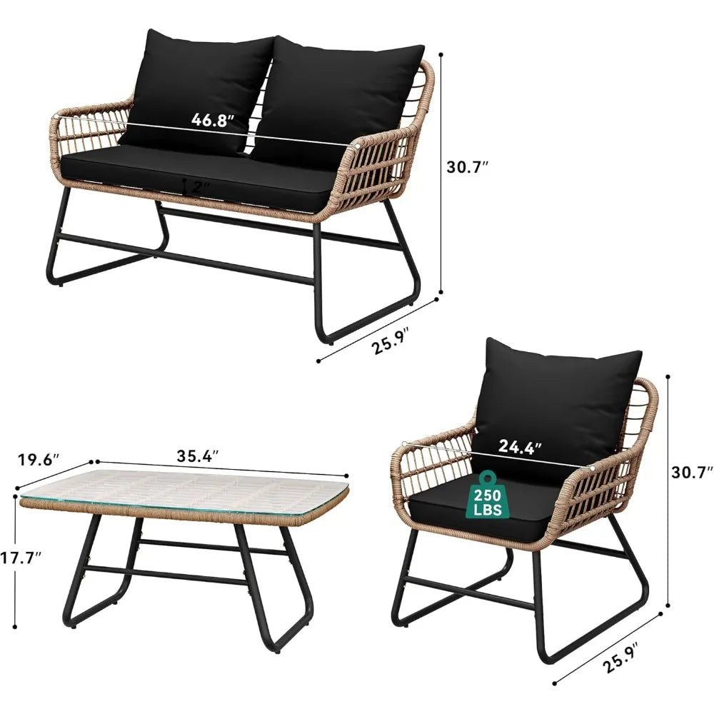 Outdoor Patio Conversation Set 4 Pieces, Wicker Furniture with Soft Cushion & Coffee Table, Rattan Bistro Set Patio Set Chairs